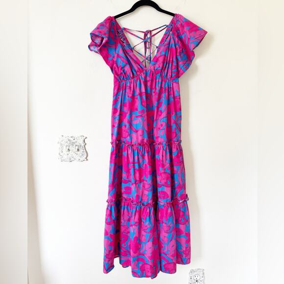 Sugarlips Pink and Blue Floral Yeraldi Berry Fiora Ruffle Open Back Midi Dress S - Picture 6 of 11